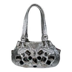 Vintage Kathy Van Zeeland Silver Metallic Snakeskin Embellished Shoulder Bag Y2K